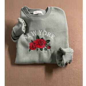State Of Mine Women's Embridered Flora State Sweatshirt "New York" Olive Medium